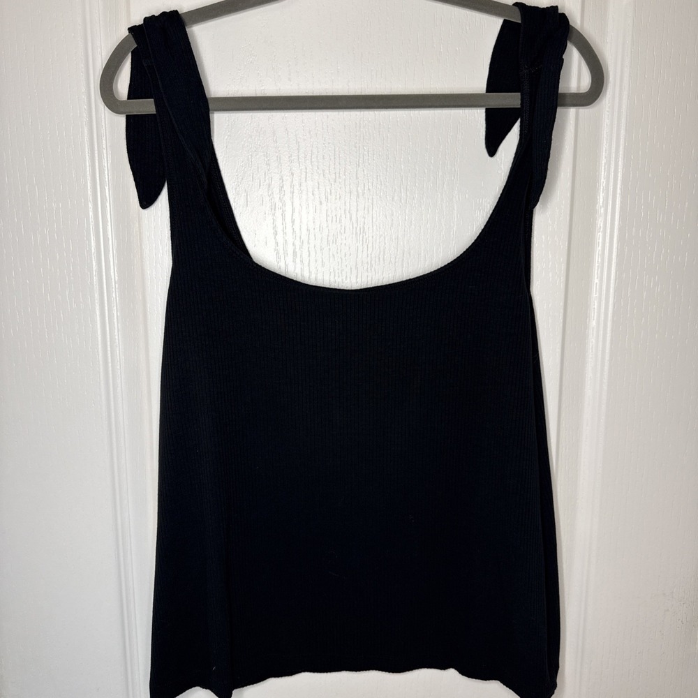 Banana Republic Black Ribbed Tank Top XL Tie Bow Shoulder Straps Scoop Neck